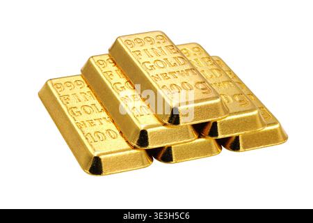 Lingots d'or isolés sur fond blanc avec chemin de détourage, barre d'or réelle. Pile en métal précieux Banque D'Images
