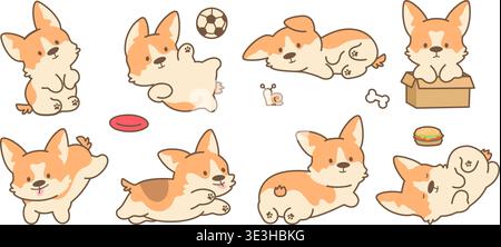 Chiots kawaii drôles. Mignon corgi chiot jouer, assis dans une boîte en carton, dormir. Autocollants avec des chiens adorables, mascottes d'animaux de dessin animé pour enfants, de nos jours Illustration de Vecteur