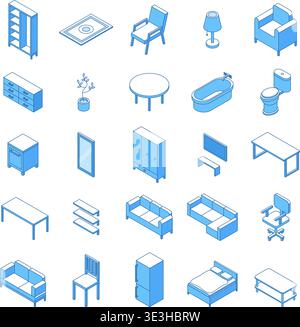 Mobilier de maison linéaire isométrique. éléments de conception de maison 3d. Lit isolé, canapé, chaise, armoire, miroir, table, étagères, baignoire. Pièce différente Illustration de Vecteur