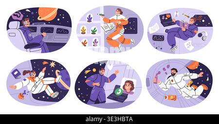 Astronautes personnages dans des scènes de vaisseau spatial. Des gens en gravité zéro à bord de fusée, des cosmonautes flottants, des intérieurs de navettes, des engins spatiaux futuristes Illustration de Vecteur