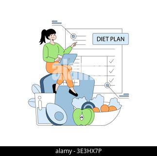 Illustration vectorielle d'une femme assise sur une échelle géante, en utilisant un ordinateur portable pour planifier son alimentation. Entourée d'options alimentaires saines, elle semble concentrée et engagée dans la création d'un plan de régime alimentaire. Illustration de Vecteur