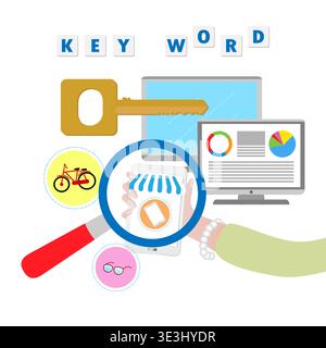 Campagne de marketing de SEO, SEM, optimisation des moteurs de recherche d'entreprise. Internet Marketing recherche de vecteur plat avec des icônes et des textes Illustration de Vecteur