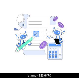 Illustration vectorielle montrant des assistants robotiques gérant des tâches financières avec une calculatrice et des formulaires numériques. Dépeint l'automatisation dans la finance avec des robots joyeux interagissant avec la technologie. Illustration de Vecteur