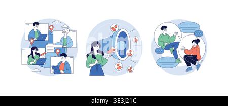 Illustration vectorielle colorée montrant des personnes collaborant en ligne, en utilisant des outils numériques et des plateformes de communication. Comprend diverses scènes de travail d'équipe, de marketing numérique et de discussion. Illustration de Vecteur