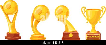 Coupes trophées de football. Coupe d'or de la ligue de football, championnat du monde de la fifa prix stade de sport récompense boule d'or vainqueur champion de l'équipe meilleure réalisation de but, illustration vectorielle soignée illustration originale Illustration de Vecteur