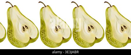 Bordure horizontale sans fin à l'aquarelle avec poires éclatantes. Bordure de fruit dessinée à la main. Idéal pour les emballages alimentaires, les impressions textiles, le linge de cuisine, les réceptions Banque D'Images