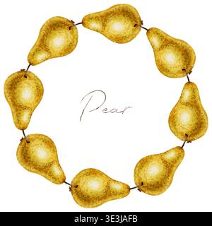 Couronne circulaire à l'aquarelle ornée de poires. Couronne de fruits. Parfait comme cadre organique ou logo pour emballage alimentaire, impressions textiles, station écologique Banque D'Images