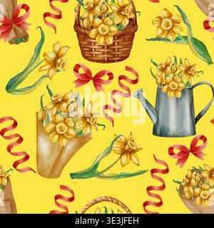 Motif aquarelle sans couture avec jonquilles jaunes dans des paniers, des arrosoirs, des bouquets de papier avec des rubans rouges. Jardinage printanier confortable et vacances de Pâques Banque D'Images