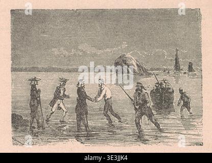 Illustration historique d'hommes se rencontrant sur un plan d'eau peu profond avec une grande formation rocheuse. Un groupe d'hommes en tenue historique sont représentés dans des eaux peu profondes, certains serrant la main tandis que d'autres se tiennent debout avec des fusils et un bateau en arrière-plan. Banque D'Images