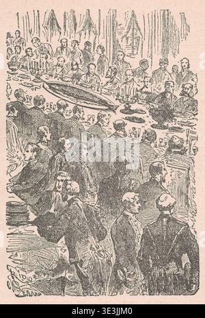 Scène de banquet victorienne élégante avec hommes et femmes dînant à une longue table. Une illustration détaillée représente un rassemblement formel avec de nombreux invités dégustant un repas somptueux, avec un grand poisson au centre de la table ornée. Banque D'Images
