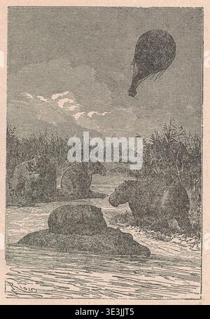Illustration vintage d'hippopotames dans l'eau avec une montgolfière au-dessus. Une scène fantaisiste représente plusieurs hippopotames dans un lit de rivière tandis qu'une montgolfière flotte dans le ciel au-dessus d'eux. Banque D'Images