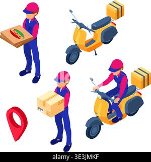 service rapide de commande de nourriture en ligne et de livraison de colis. expédition de restauration rapide. courrier isométrique avec paquet de pizza et scooter. livreur avec cyclomoteur. activé Illustration de Vecteur