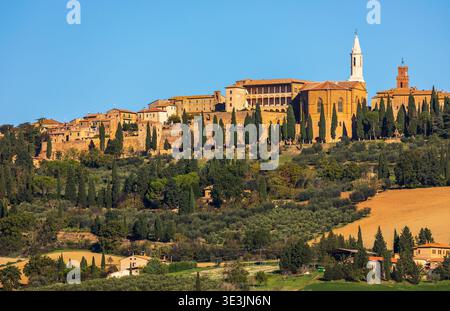 Ville de Pienza sur une colline, montrant des bâtiments historiques, la cathédrale et le clocher, entourée d'oliveraies en Toscane, Italie. Banque D'Images