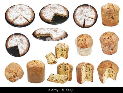 Ensemble de pignons de pin italiens individuels et gâteaux de Pâques panettone sur fond blanc Banque D'Images