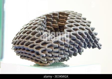 Une photographie rapprochée d'un objet complexe imprimé en 3D présentant une structure en treillis complexe avec des motifs de mailles interconnectés ressemblant à un cerveau ou Banque D'Images