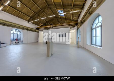 L'espace d'exposition d'une galerie d'art contemporain dans un hall industriel reconverti avec des fermes de toit en bois apparentes et des fenêtres cintrées : sculptures sur socles, dont une figurine de chat noir ; en arrière-plan, un membre du personnel d'un ordinateur portable. Leipzig, Saxe, Allemagne Banque D'Images