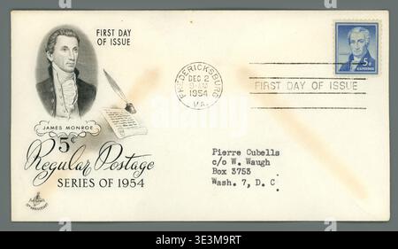 Pli premier jour pour le timbre à 5¢ James Monroe (Scott 1038), caché le 2 décembre 1954, à Fredericksburg, Virginie. Banque D'Images