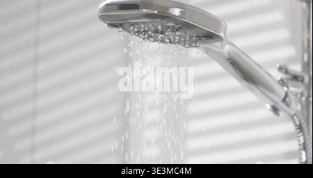 L'eau coule de pomme de douche dans la salle de bain pendant la routine matinale à l'intérieur d'une maison Banque D'Images