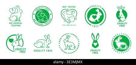 Icônes libres de cruauté avec des animaux de lapin blanc vert et des silhouettes vectorielles de coeurs. Lapin mignon ou lapin dans des cadres ronds icônes isolées définies pour des étiquettes sans cruauté et non testées sur des timbres d'animaux Illustration de Vecteur