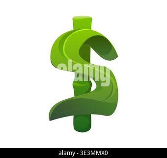 Symbole du dollar de dessin animé comme tige et feuille de bambou vert, police agricole, police de ferme, type de récolte, symbole de l'alphabet anglais drôle, glyphe en forme de plante vectorielle isolée, lettre de police écologique et signe de monnaie Illustration de Vecteur