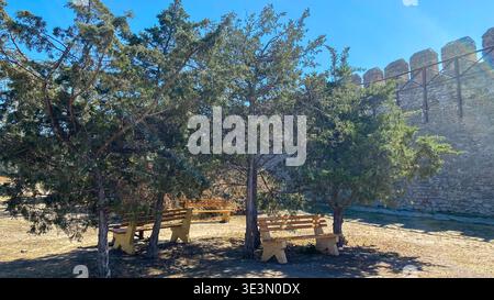 Les gens se détendent sur des bancs en bois sous les arbres à côté d'un mur de pierre historique pendant la journée dans un parc la lumière du soleil brille dans un ciel clair Banque D'Images