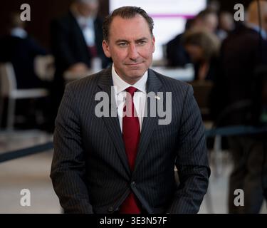 Houston, États-Unis. 23 mars 2026. Jerrod Agen prend la parole à la caméra lors de CERAWeek by S&P Global au Hilton Americas à Houston, Texas, le 23 mars 2026. La discussion sur cet événement rassemble des leaders mondiaux de l’énergie pour explorer le thème de « convergence et concurrence : énergie, technologie et géopolitique ». (Photo de Marcus Ingram/Sipa USA) crédit : Sipa USA/Alamy Live News Banque D'Images