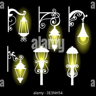 Silhouettes lumineuses blanches de vieux lampadaires sur fond noir. Lampadaire de la ville. ECLAIRAGE classique extérieur. Lampadaire brillant. Victorienne Illustration de Vecteur