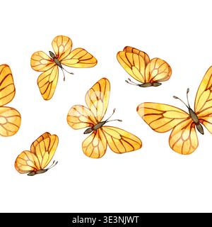 Bordure aquarelle sans couture avec papillons jaunes dans diverses positions de vol. Insectes délicats dessinés à la main avec des veines détaillées, parfait pour Banque D'Images
