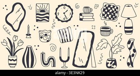 Objets pour créer un intérieur confortable à la maison. Décoration intérieure pour une ambiance atmosphérique dans le style croquis doodle. Accessoires de pièce mignons dessinés à la main, graphiques vectoriels Illustration de Vecteur