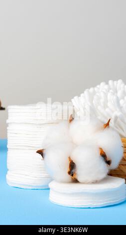 Tampons de coton et tampons sur un fond bleu dans un arrangement simple Banque D'Images