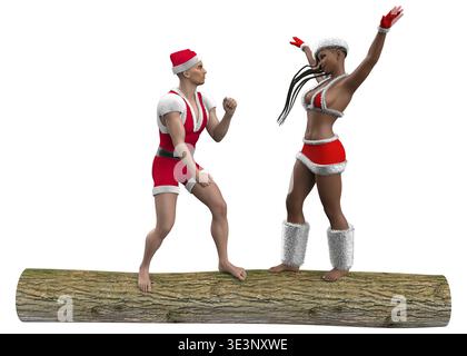 Deux personnages rendus en 3D, un homme et une femme, habillés dans des tenues ludiques sur le thème du Père Noël rouge et blanc, frappent des poses dansantes dynamiques. Parfait pour les vacances, Banque D'Images