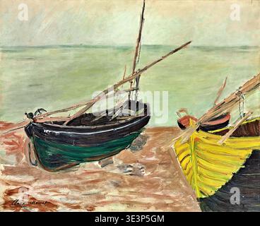 Claude Monet – bateaux, Étretat, 1885 – bateaux côtiers impressionnistes par les falaises Banque D'Images