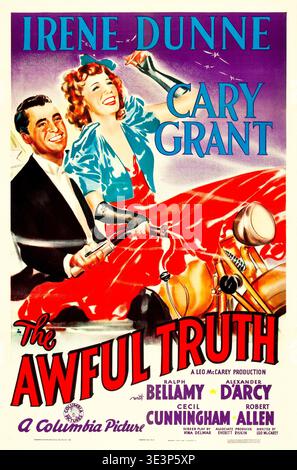 Cette affiche de film vintage vibrante de 1937 annonce la comédie classique « The Awful Truth », avec Irene Dunne et Cary Grant. L'illustration représente les deux acteurs principaux, souriant joyeusement tout en conduisant une moto, capturant l'esprit léger et aventureux du film. Banque D'Images