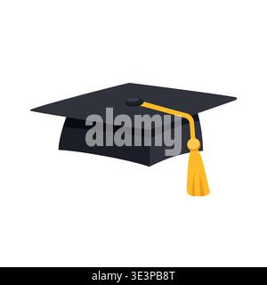 Chapeau de graduation d'étudiant vu du côté droit. Chapeau académique noir avec pompon doré isolé sur blanc. Illustration de Vecteur