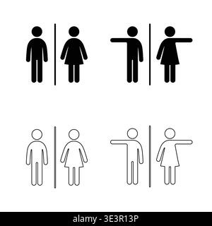 Ensemble d'icônes de toilettes avec des figures masculines et féminines dans des poses classiques et directionnelles. Inclut les styles Uni et contour. Pictog noir et blanc minimal Illustration de Vecteur