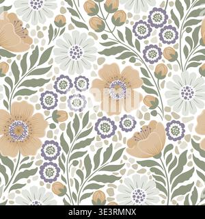 Motif floral vintage sans couture dessiné à la main avec des feuilles et des fleurs dans des tons doux, fond botanique élégant avec des fleurs beige gris et vert et Illustration de Vecteur