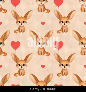 Motif sans couture. Fennec, renard de sable, bébé, boules rouges en forme de coeur. Personnage de dessin animé. Aquarelle, pastel, crayon. Illustration mignonne et délicate dans un appartement Banque D'Images