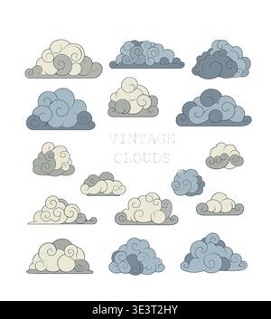 Ensemble de vecteur nuage vintage, collection de nuages dessinés à la main dans le style de gravure Illustration de Vecteur