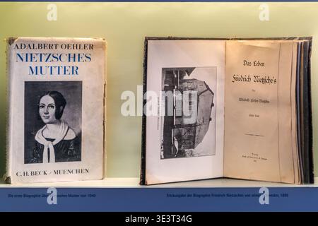 Vitrine au Mémorial de Röcken : à gauche, la biographie *mère de Nietzsche* d’Adalbert Oehler (C.H. Beck, 1940) ; à droite, la première édition ouverte de *la vie de Friedrich Nietzsche* d’Elisabeth Förster-Nietzsche (Leipzig 1895). Röcken près de Lützen, Saxe-Anhalt, Allemagne Banque D'Images