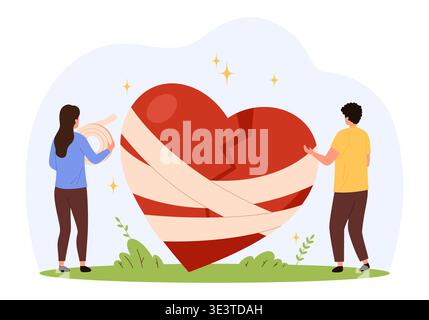 Concept de réparation de relation, mettant en vedette deux personnes réparant un cœur brisé avec du ruban adhésif, symbolisant la guérison et la réconciliation, isolé sur fond blanc illustration vectorielle. Illustration de Vecteur