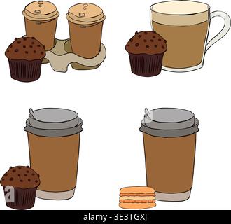 Café à emporter avec muffin Cafe composition Set illustration dessinée à la main. Vector Graphic line Ink design pour graphismes de mode, impressions textiles, fa Illustration de Vecteur