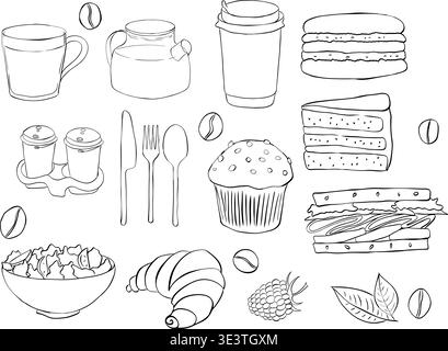 Petit déjeuner doodle ensemble de nourriture de style craie et icônes de café pour le menu de café, invitations, brunch italien, croissant mignon, tasse, café Set illustr dessiné à la main Illustration de Vecteur