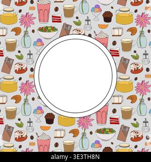 café nourriture boissons modèle cadre cercle illustration dessinée à la main. Encre de ligne graphique vectorielle Pour affiche, invitation, toile de fond, annonce, promotion de vente, pri Illustration de Vecteur