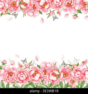 Aquarelle florale sans couture double face avec pivoines et verdure. Illustration aquarelle Banque D'Images