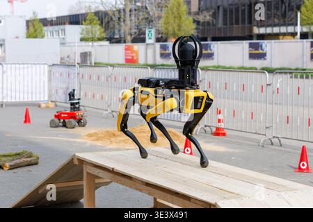 Un quadrupède robotisé est présenté lors de XPONENTIAL Europe 2026 au Messe Düsseldorf à Düsseldorf, Allemagne, le 24 mars 2026. Crédit : Aleksandr Nagornyi/Alamy Live News Banque D'Images