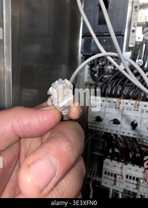 Une personne tient un connecteur ethernet dans sa main tout en le connectant à un périphérique dans un environnement technologique. Les câbles et l'équipement entourent Banque D'Images