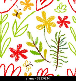 Motif sans couture fleurs simples dessin d'enfants avec des crayons. Dessiné à la main. Pas ai, illustration vectorielle. Illustration de Vecteur