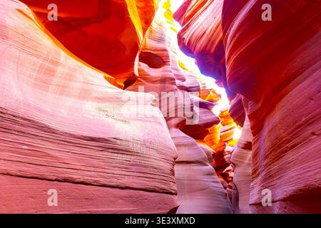 Courbes de grès fluides et motifs en couches vibrants à l'intérieur de la fente étroite du Lower Antelope Canyon Banque D'Images
