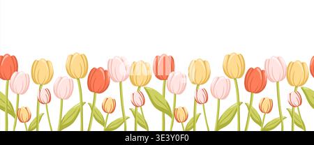 Bordure horizontale de tulipe sans couture avec fleurs de printemps. Illustration vectorielle de dessin animé sur fond blanc. Illustration de Vecteur
