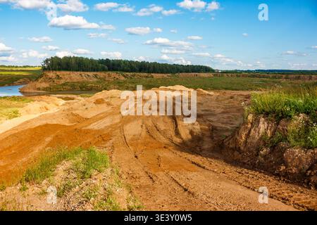 Vaste carrière de sable à ciel ouvert avec des tas de sable fraîchement creusés et des pistes de véhicules sous un ciel d'été lumineux, mettant en valeur l'excavation et la terre brute Banque D'Images